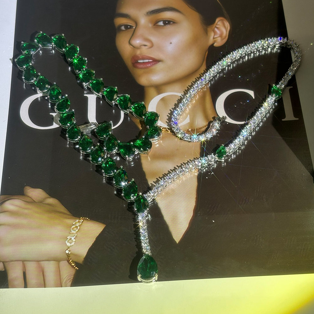 Two Tone Emerald&White Sapphire Lariat Necklace