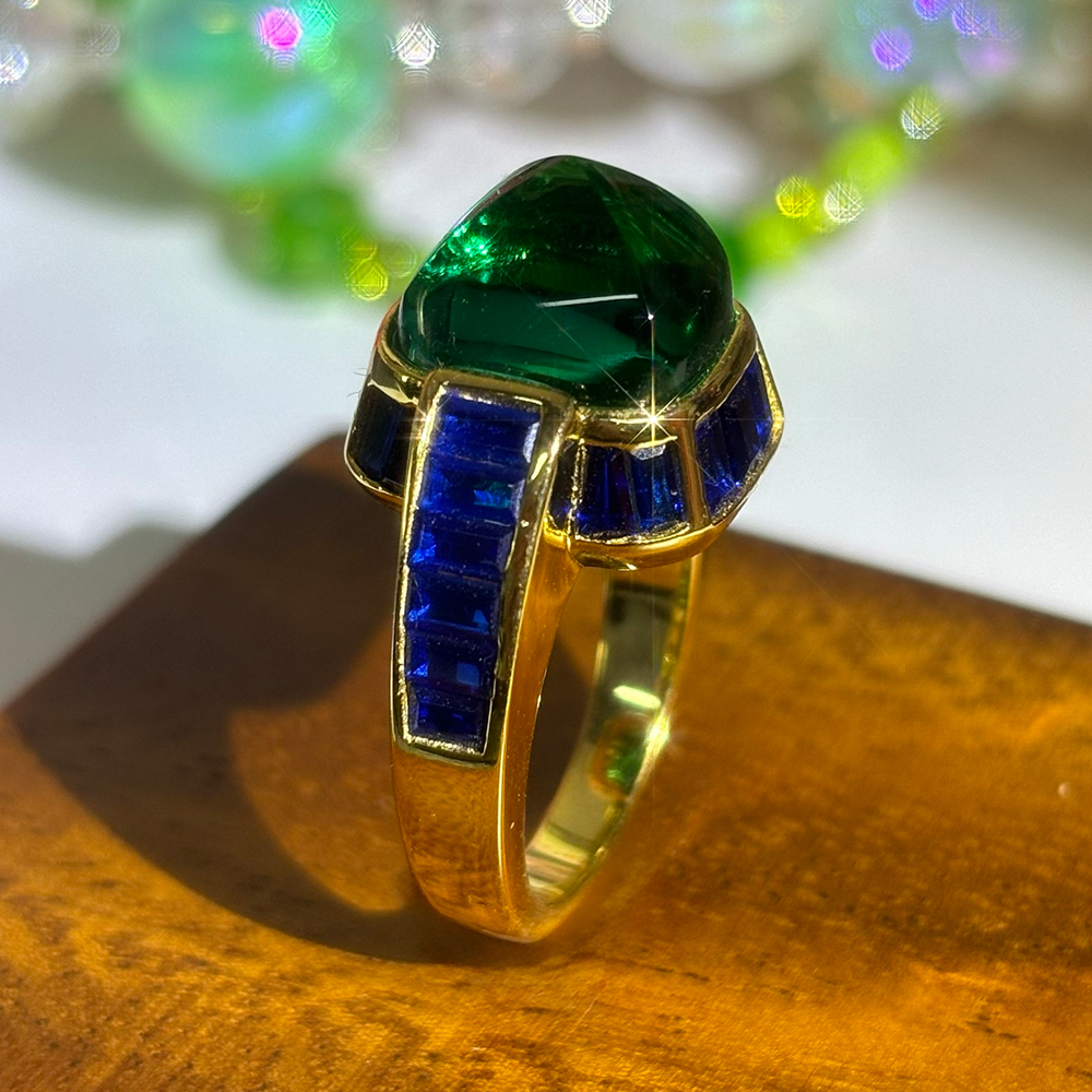 Sapphire Halo 10ct Cabochon Cut Emerald Sapphire Cocktail Ring