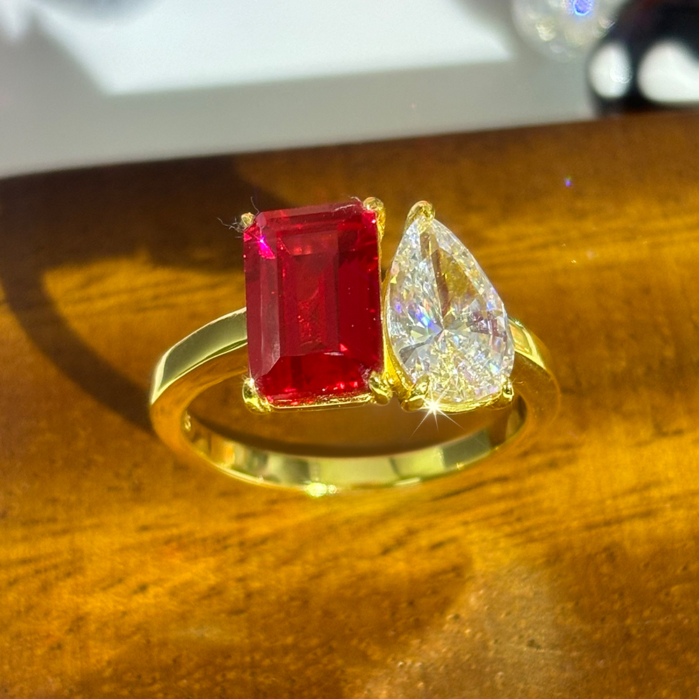 Toi et Moi 7ct Emerald&Pear Cut Ruby&White Sapphire Engagement Ring