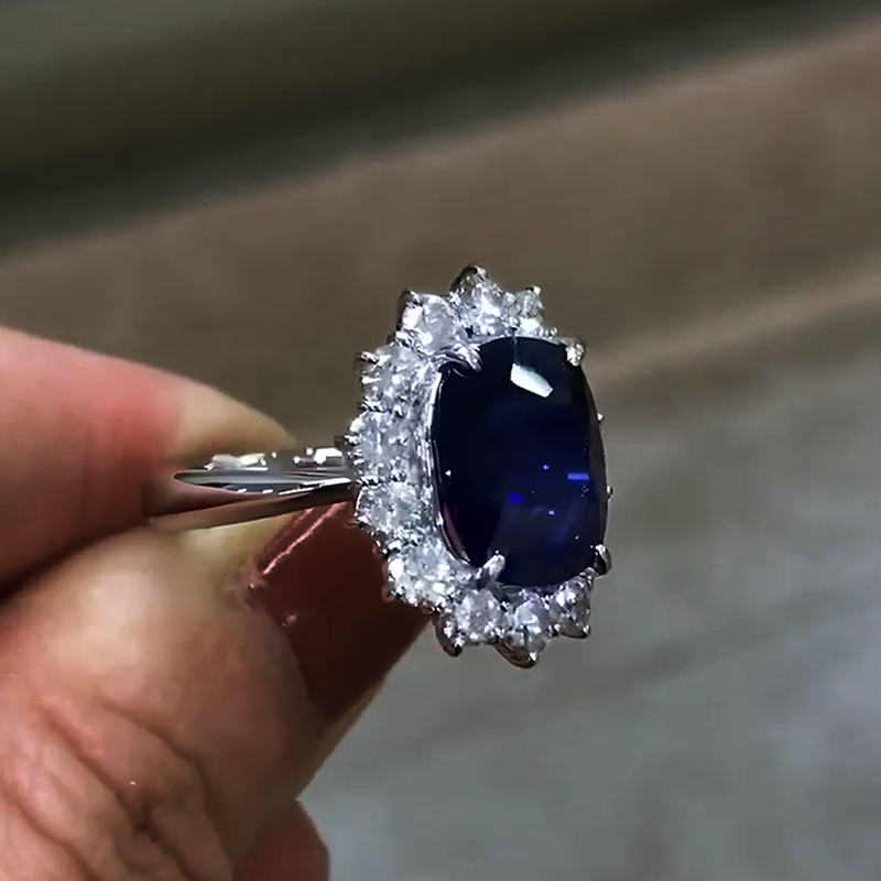 6ct  Halo Cushion Cut Blue Sapphire Engagement Ring