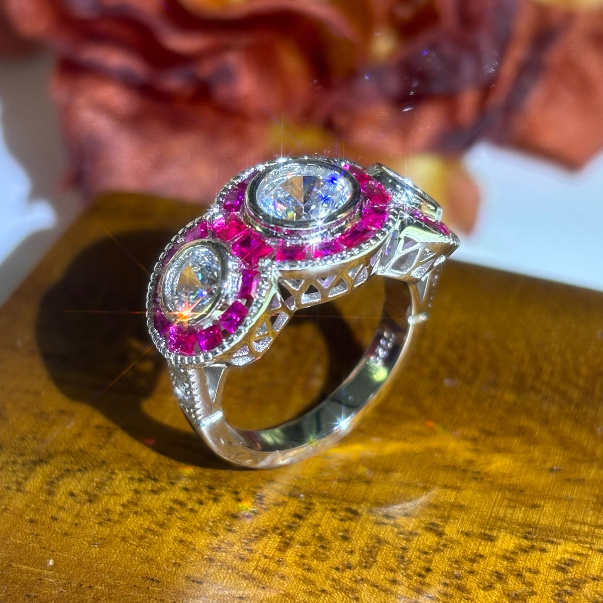 Art Deco Ruby Halo 5ct Round Cut White Sapphire Three Stone Ring