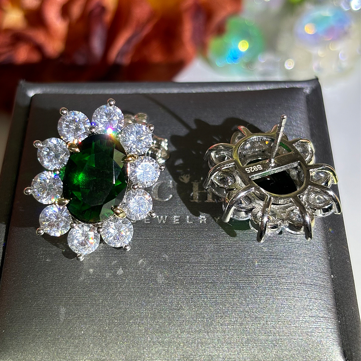 Halo Oval Cut Emerald Green Sapphire Stud Earrings