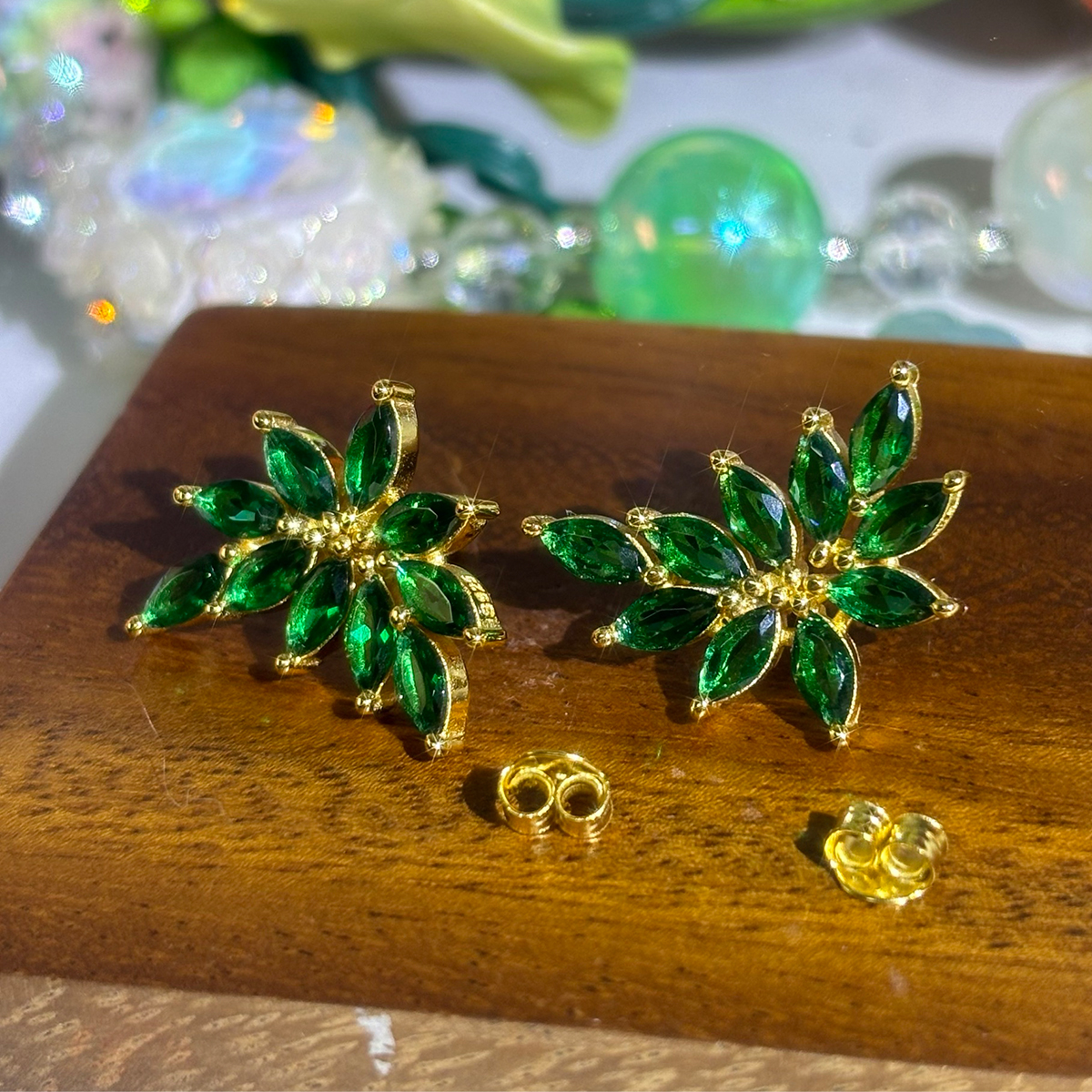 Vintage Marquise Cut Emerald Sapphire Stud Earrings
