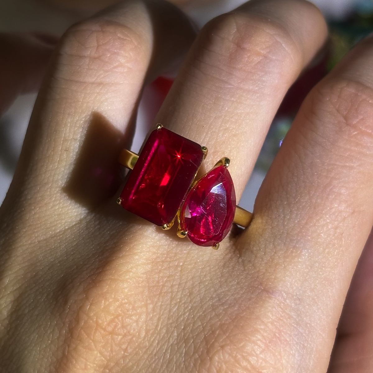 Toi et Moi 7ct Emerald&Pear Cut Ruby Sapphire Engagement Ring