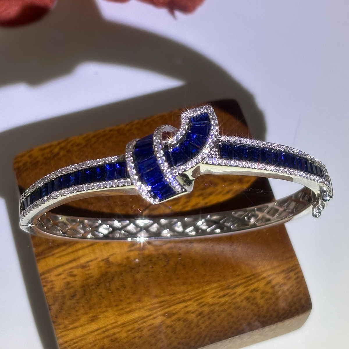 Diamond and Blue Sapphire Baguette Embrace Bangle Bracelet 