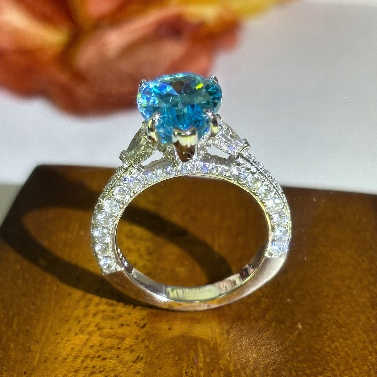 6ct Three-stone Pear Cut Blue Sapphire Engagement Ring