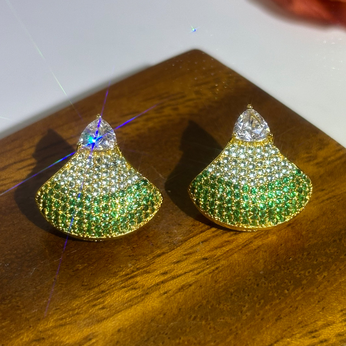 Fan Shape Gradient Emerald Sapphire Pave Stud Earrings