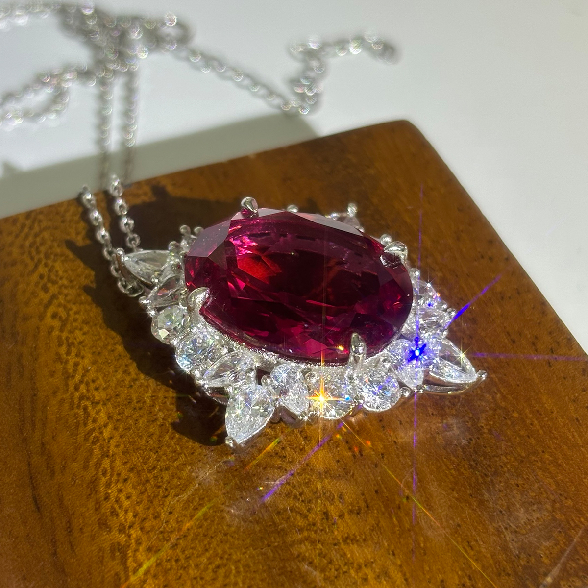 Ruby Sapphire Halo Pendant Necklace