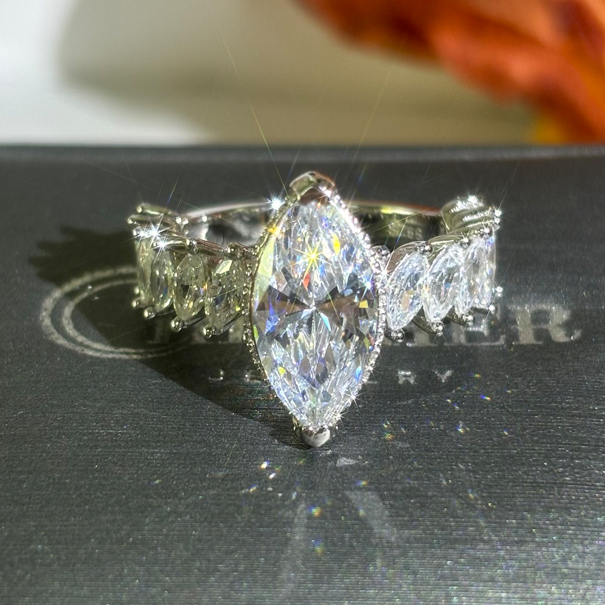 4ct Marquise Cut White Sapphire Diamond Accented Engagement Ring