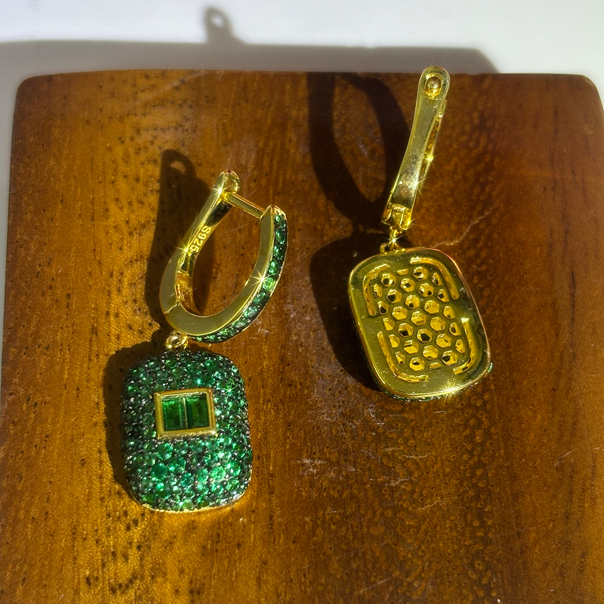 Micro Pave Setting Emerald Sapphire Dangle Earrings