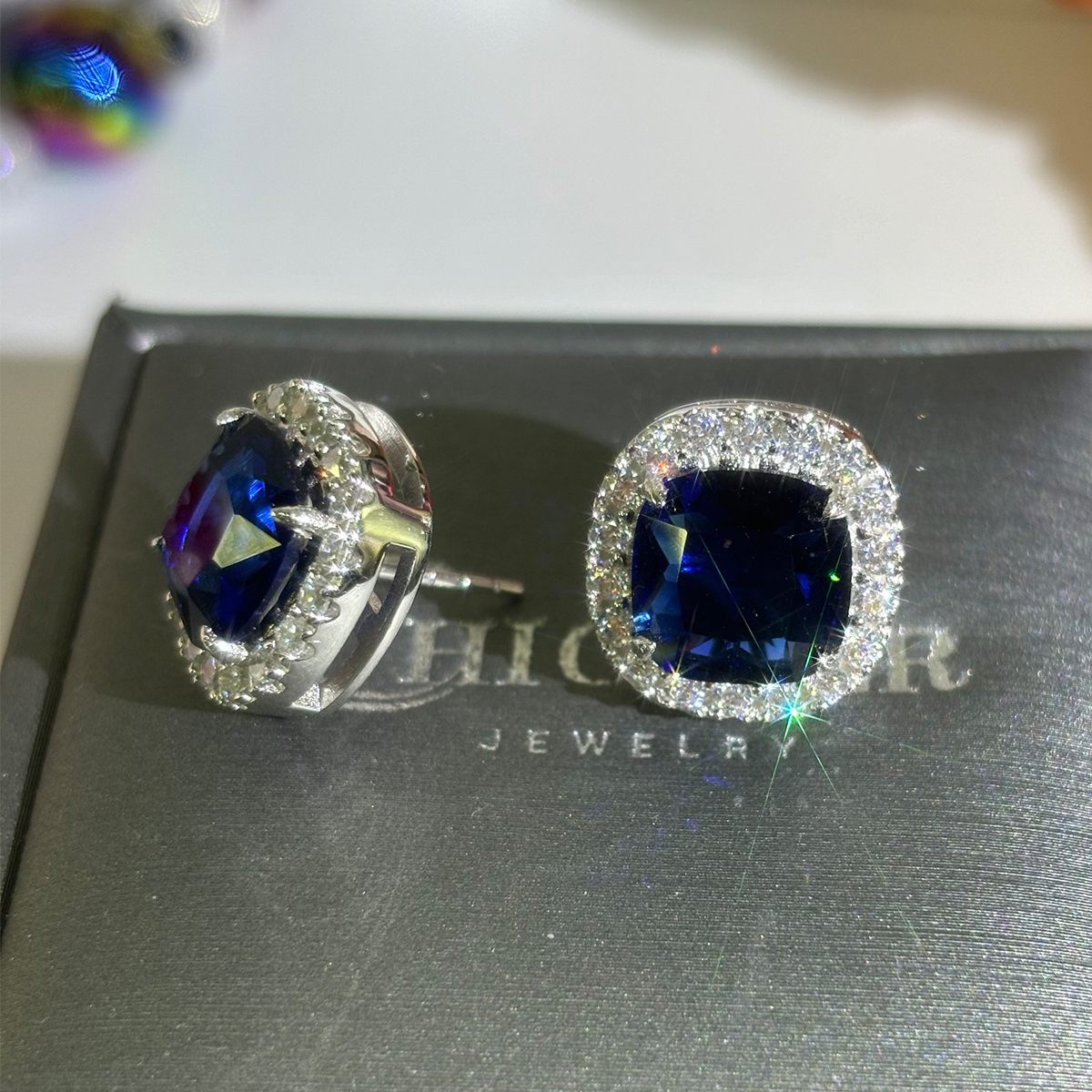 Blue Sapphire Cushion Cut Halo Stud Earrings