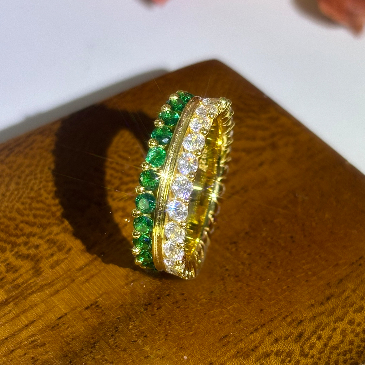 Emerald & White Sapphire Round Cut Two Color Band