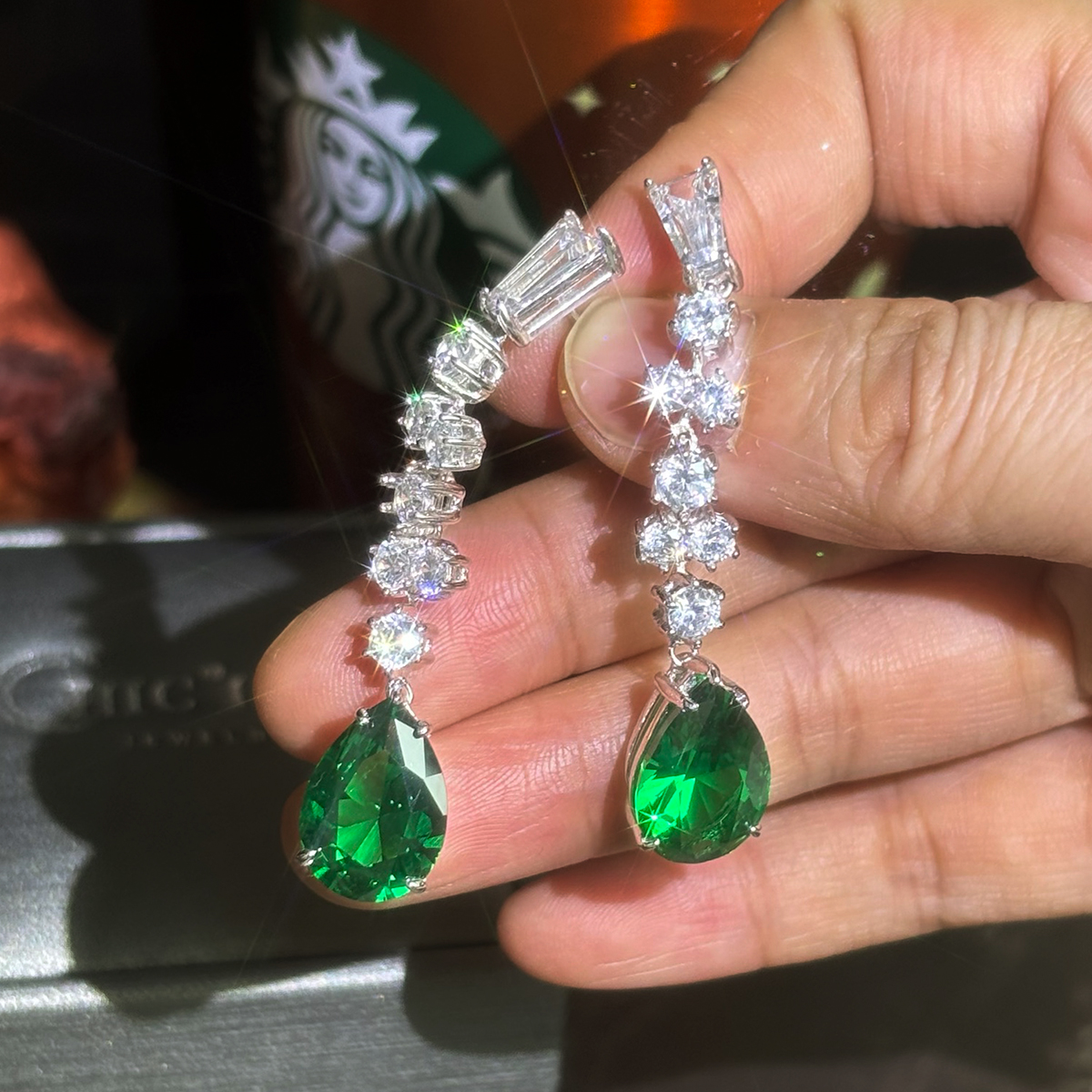Two Tone White&Emerald Sapphire Drop Earrings