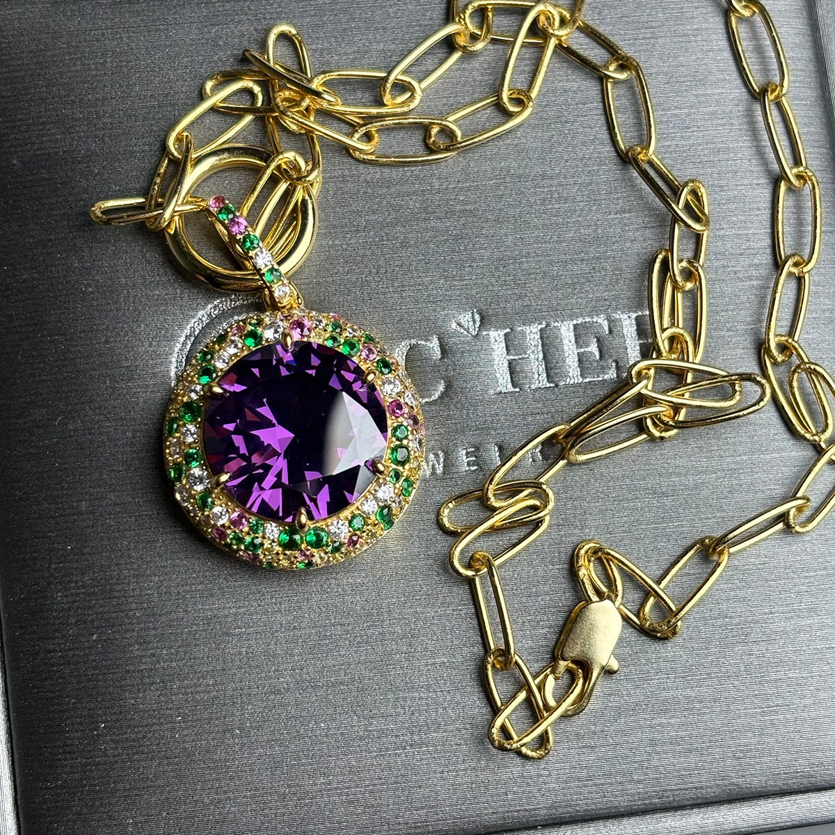 Round Cut Purple Sapphire Halo Pendant Necklace