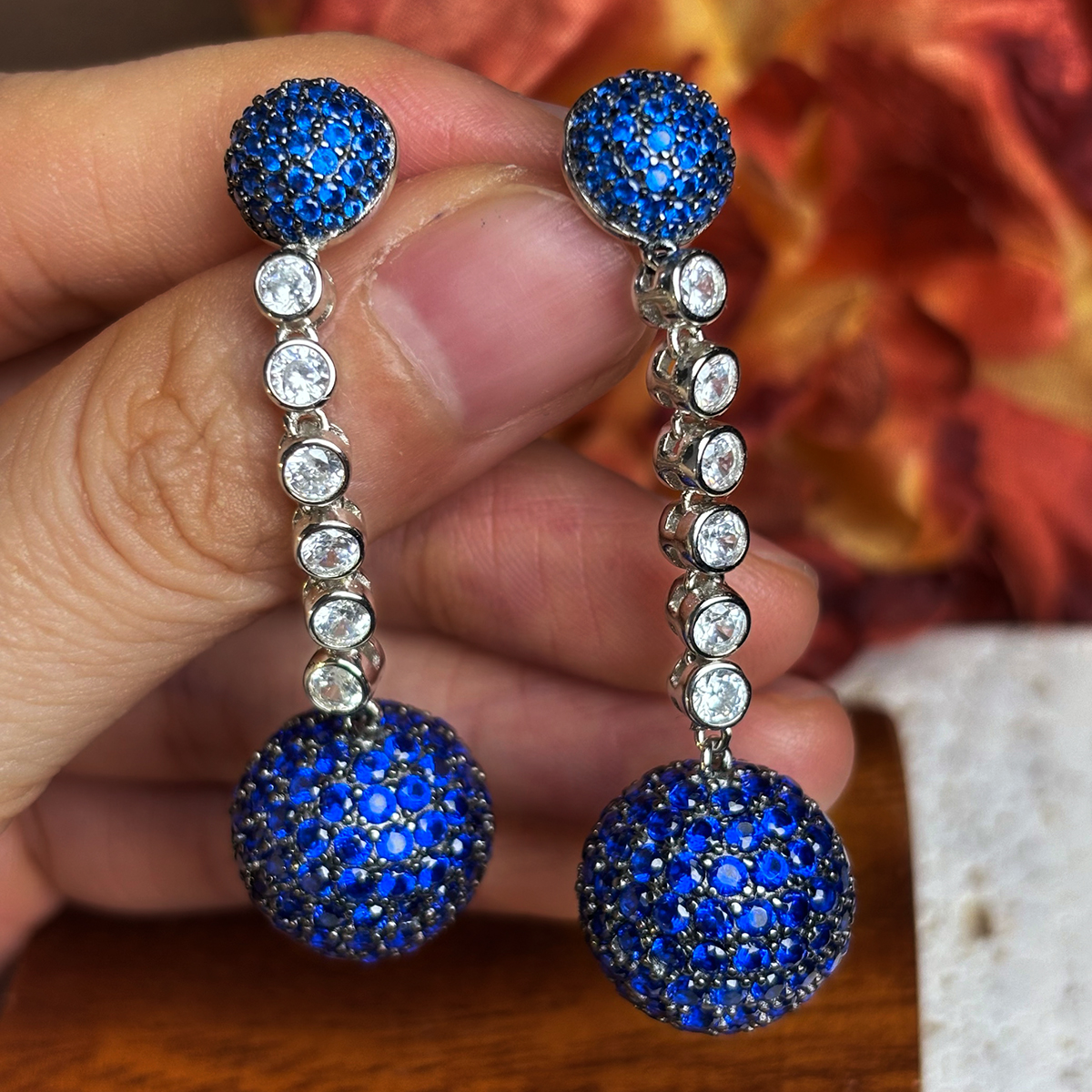 Ball Design Round Cut Sapphire&Diamond Dangle Earrings