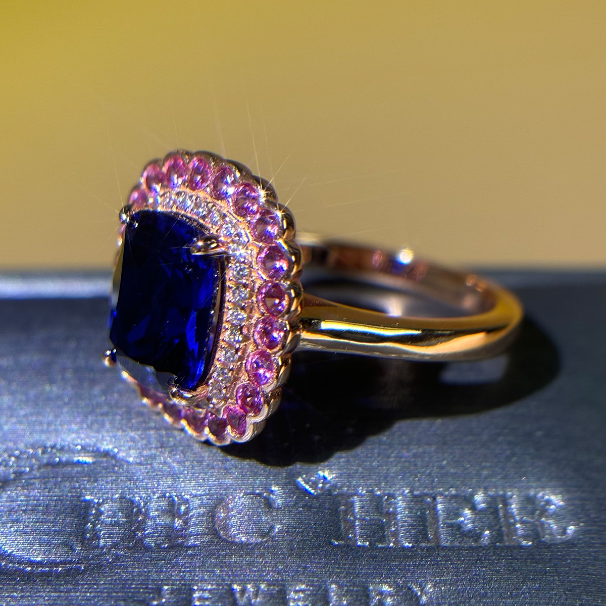 Double Halo 4ct Cushion Cut Blue Sapphire Ring
