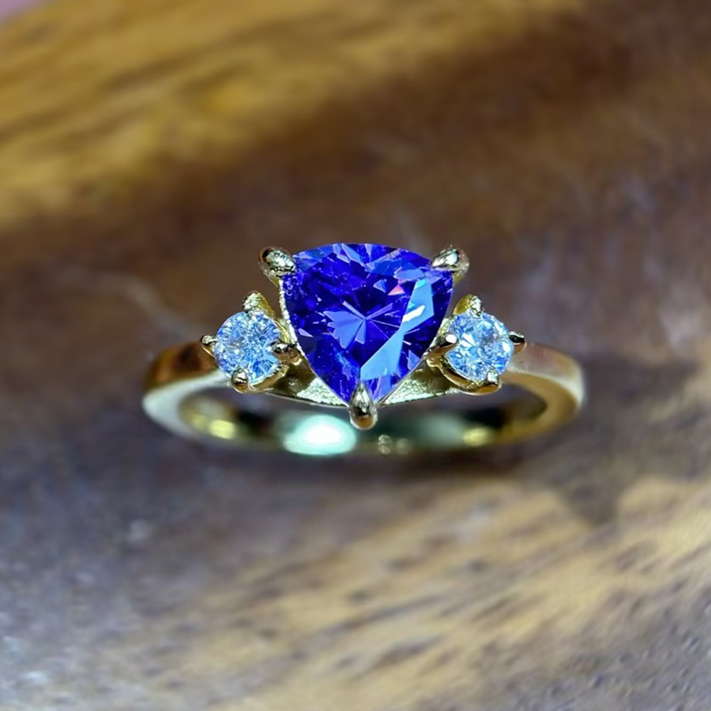 Three Stone 3ct Triangle Cut Tanzanite Sapphire Engagement Ring