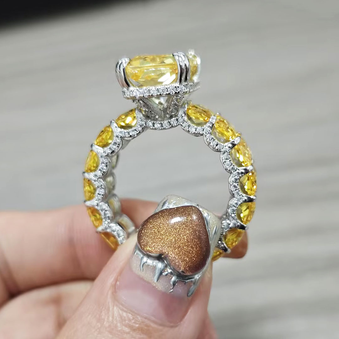 6ct Under Halo Emerald Cut Yellow Sapphire Ring