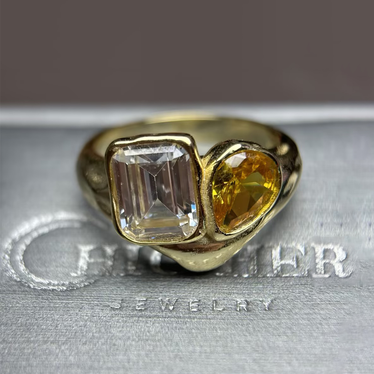 Toi et Moi Yellow & White Sapphire Emerald & Pear Cut Ring