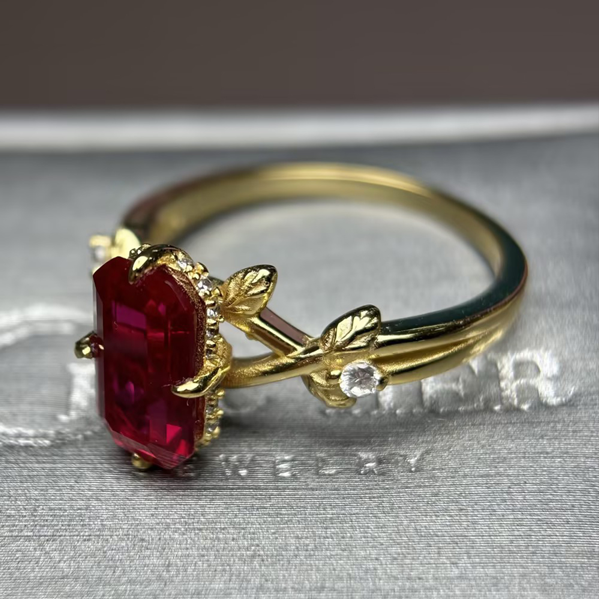 3ct Emerald Cut Ruby Sapphire Vine Engagement Ring