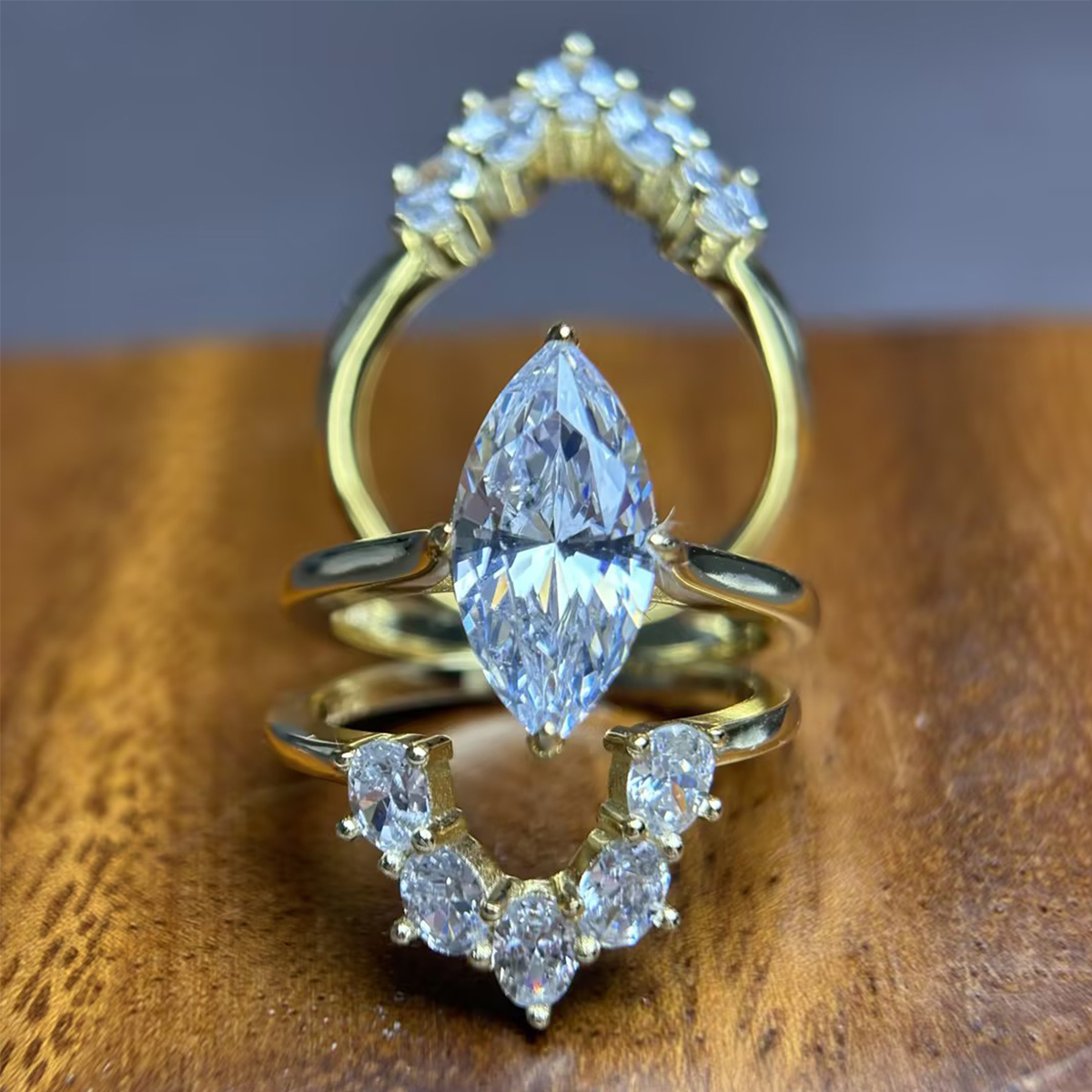 3ct Crown Design Marquise Cut White Sapphire Halo Ring Set / 3pcs