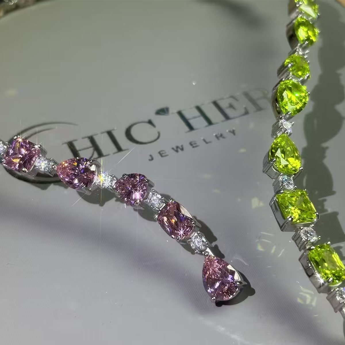 Open Design Multi-Cut Pink&Peridot Sapphire Necklace