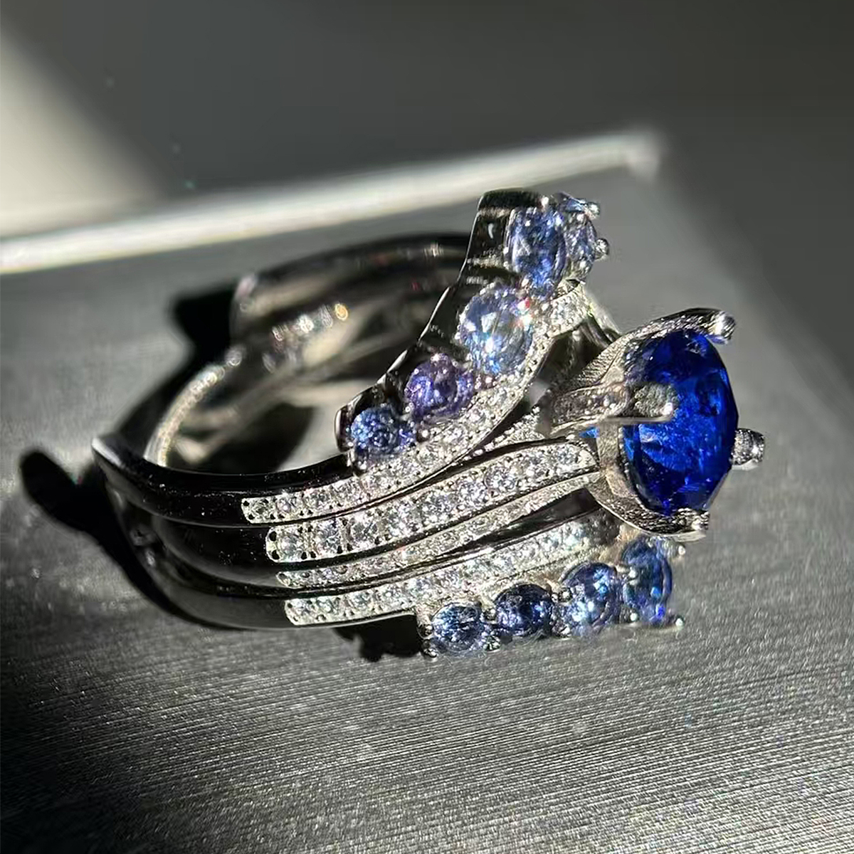 Dramatic Regal 3ct Round Cut Blue Sapphire Ring Set / 2 pieces