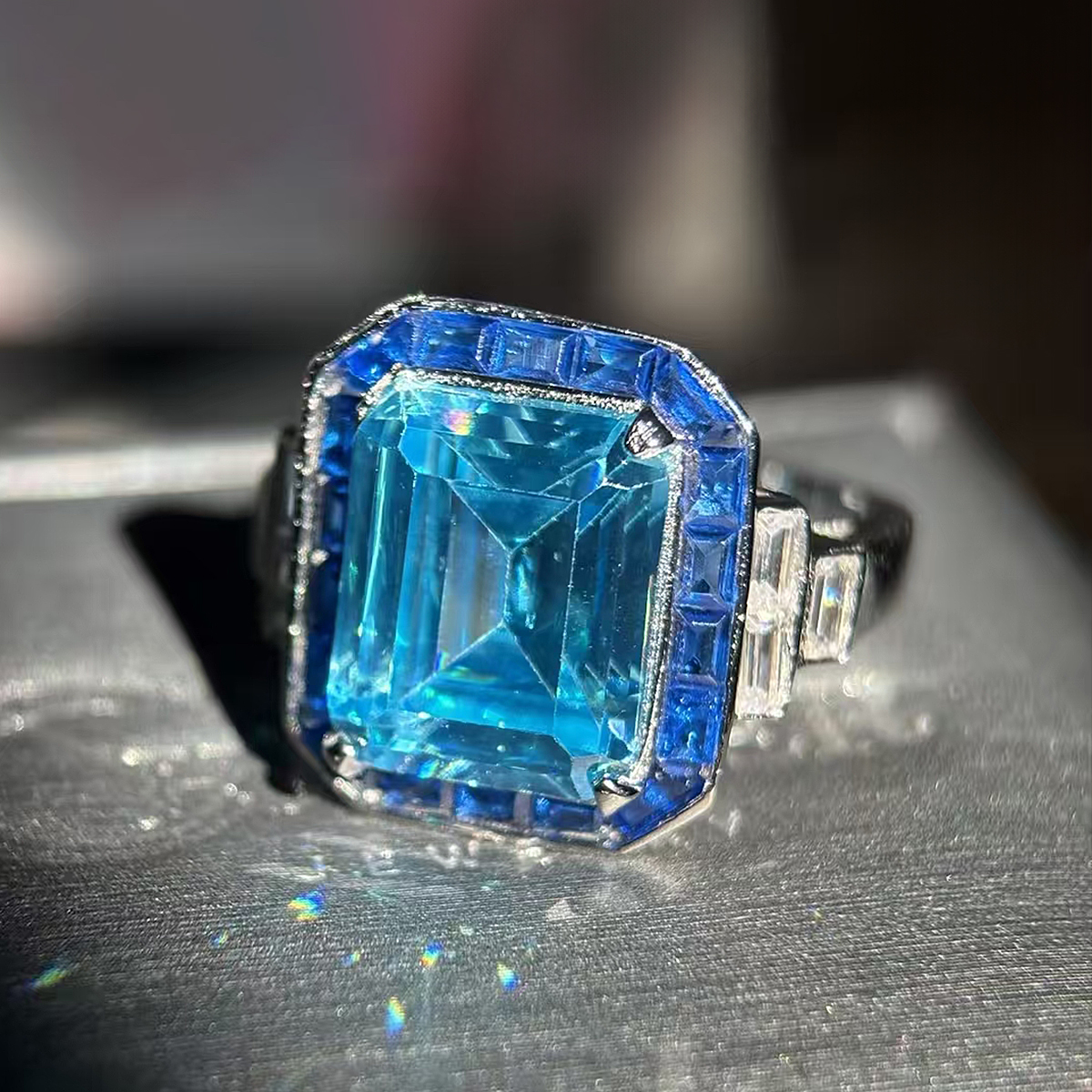 5ct Emerald Cut Aquamarine & Sapphire Cocktail Ring