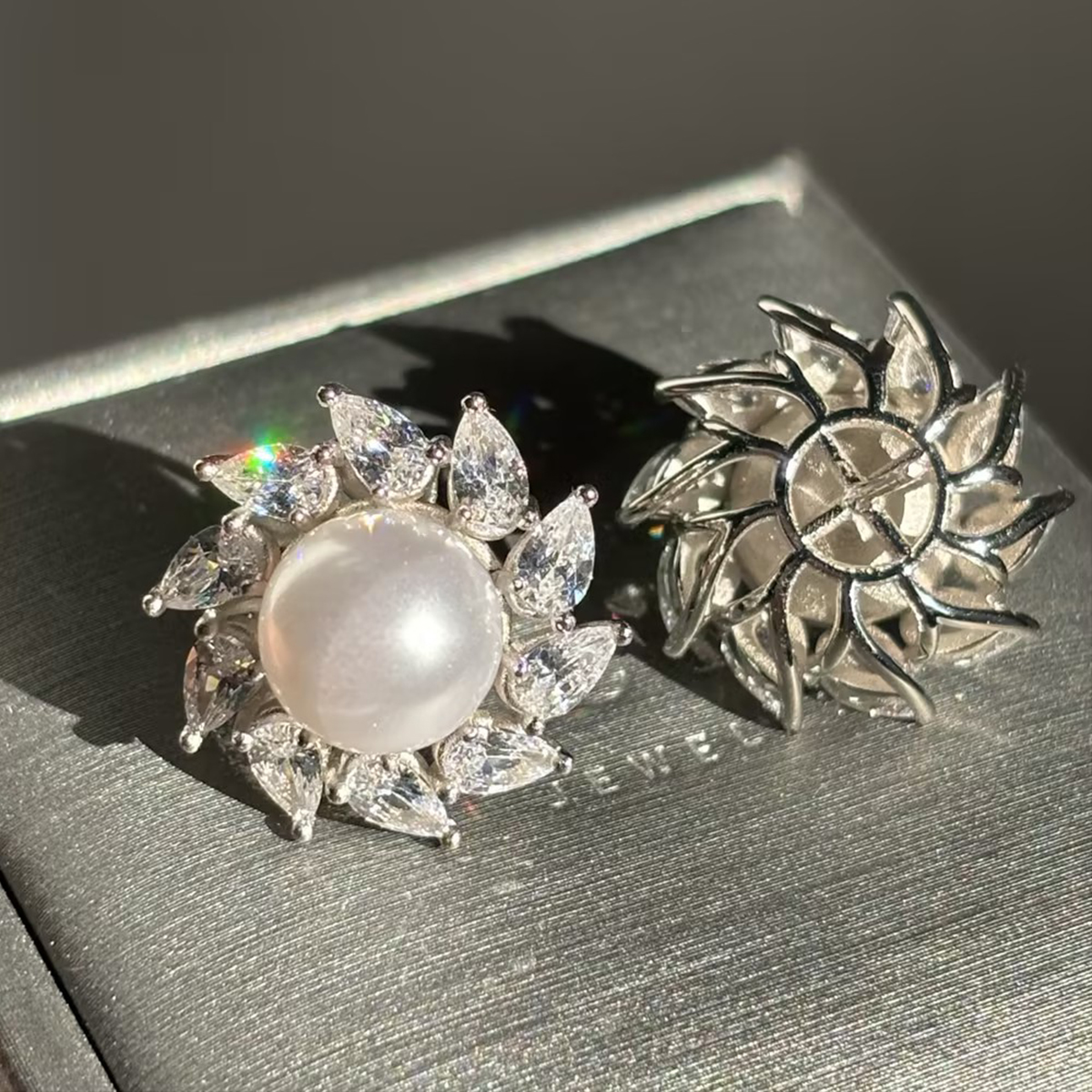 Pear Cut White Sapphire Pearl Stud Earrings