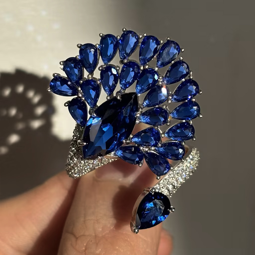 Fan Cluster Blue Sapphire Round & Pear Cut Cocktail Ring