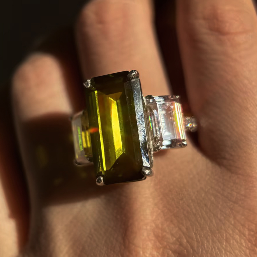 Three Stone 7ct Emerald Cut Deep Peridot Sapphire Ring