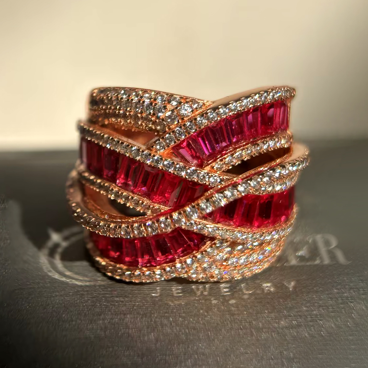 Twisted Pave Ruby & White Sapphire Emerald Cut Multi-Band