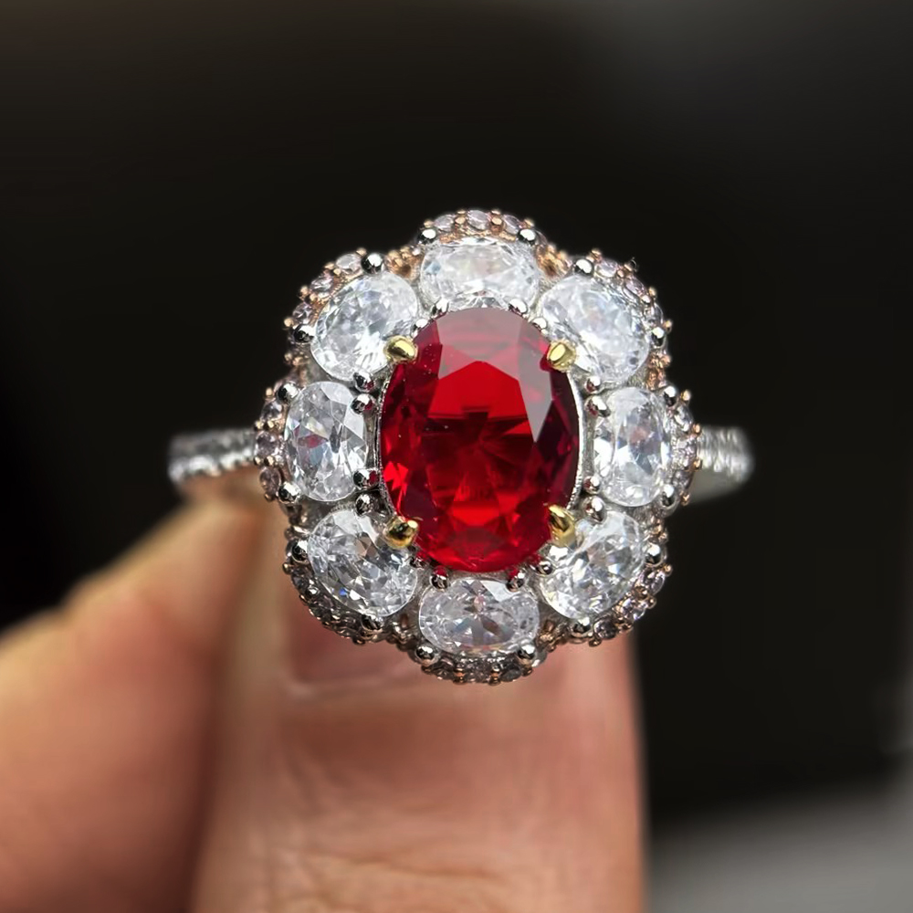 Romantic Floral 3ct Oval Cut Vivid Red Ruby & White Sapphire Statement Ring