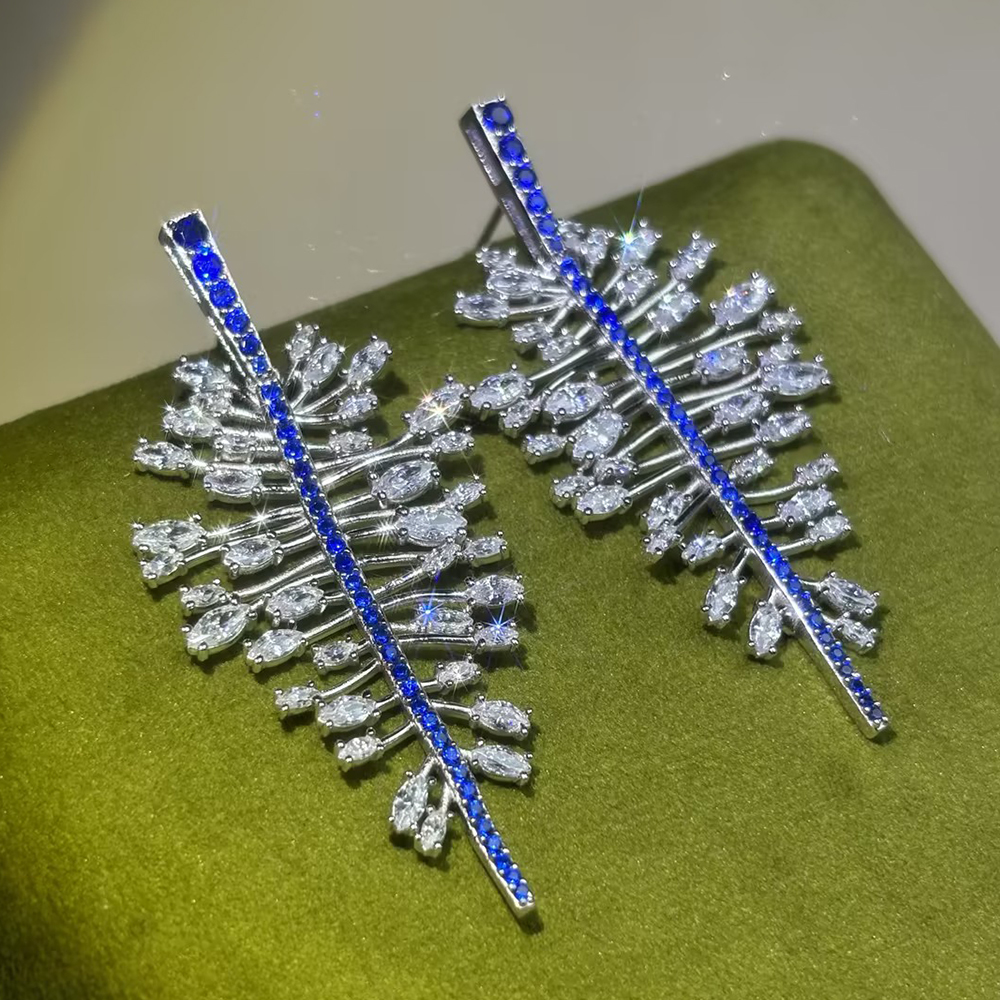 Blue Sapphire & White Sapphire Feather Drop Earrings