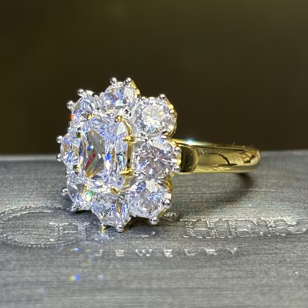 Vintage Cluster White Sapphire Cushion Cut Floral Engagement Ring