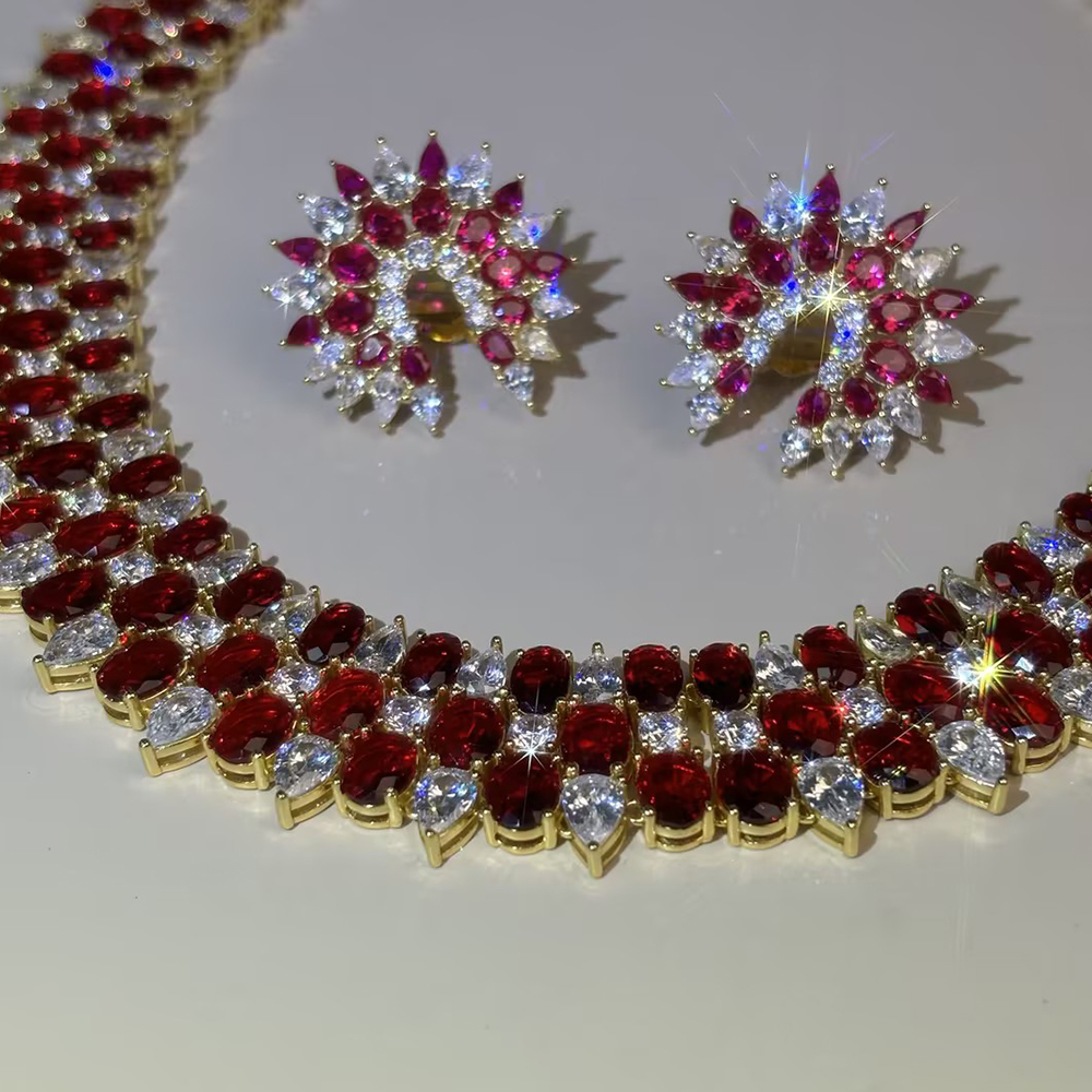 Cascading Ruby & Diamond Cluster Necklace-Earring Set