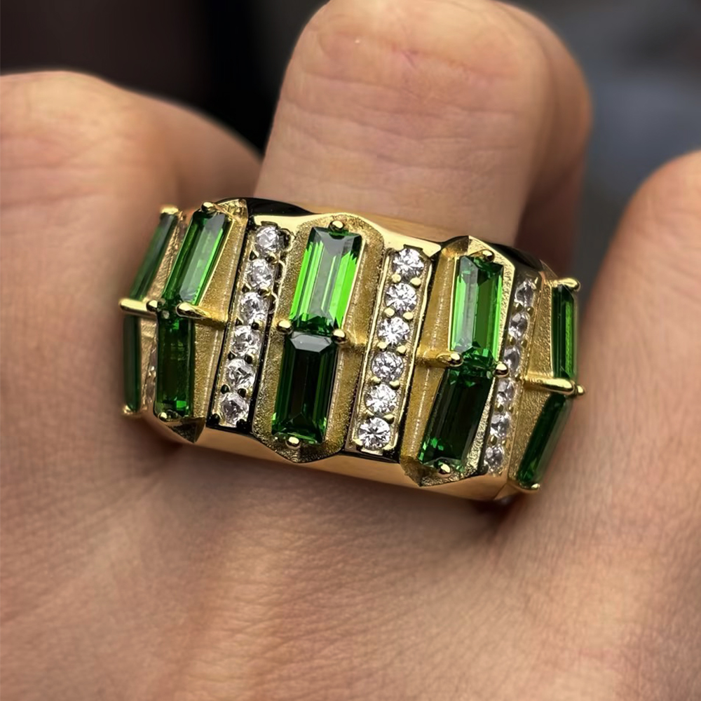 Baguette Emerald & White Sapphire Wide Band Statement Men's Ring