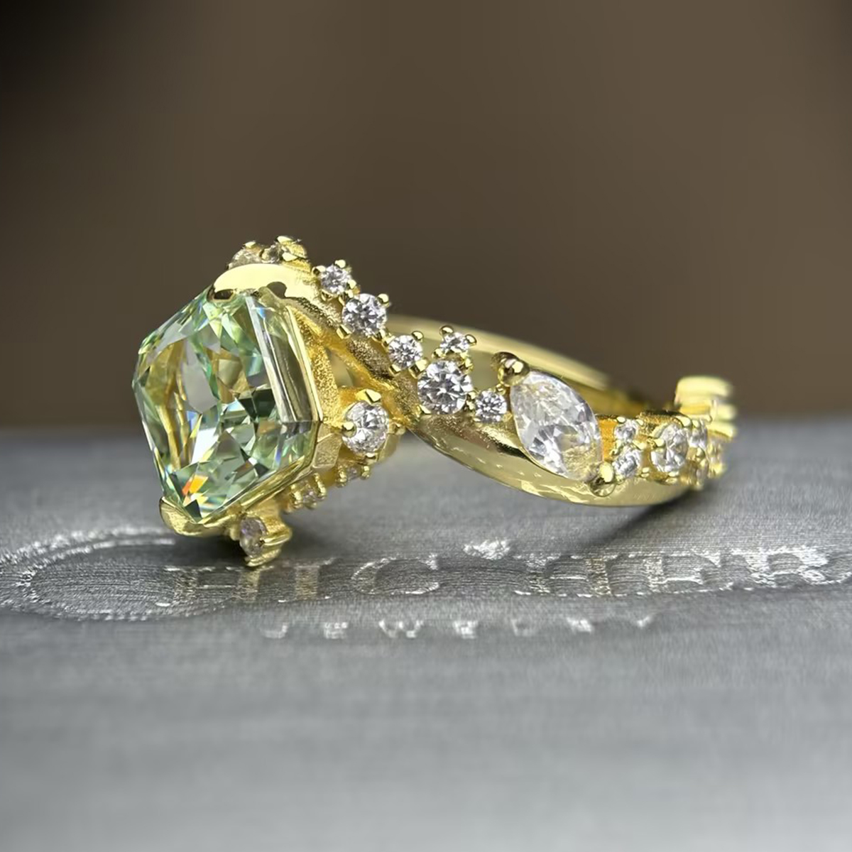 3ct Cushion Cut Mint Green Sapphire & White Sapphire Asymmetrical Cluster Ring