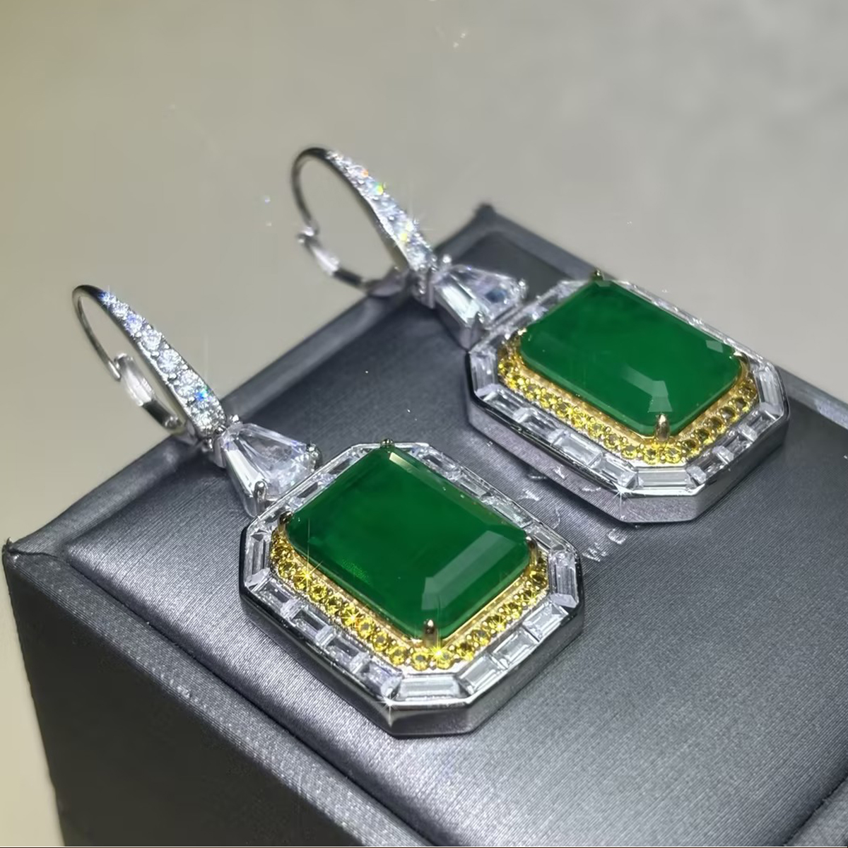 Emerald Cut Halo Peridot Drop Earrings