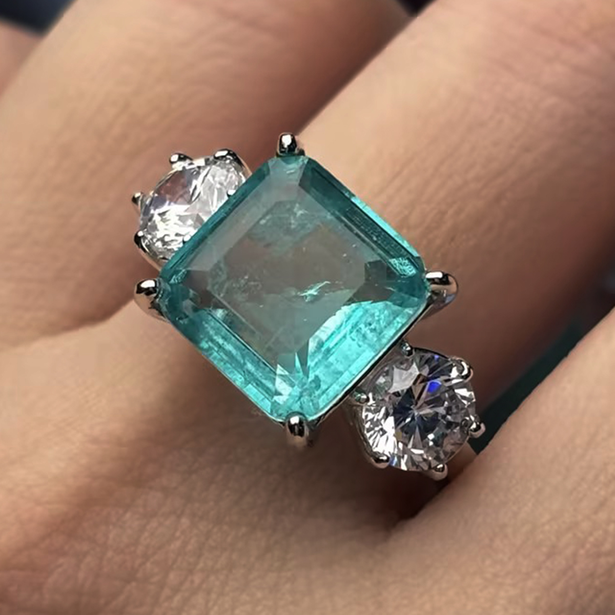 Classic 3ct Emerald Cut Emerald & White Sapphire Three Stone Engagement Ring