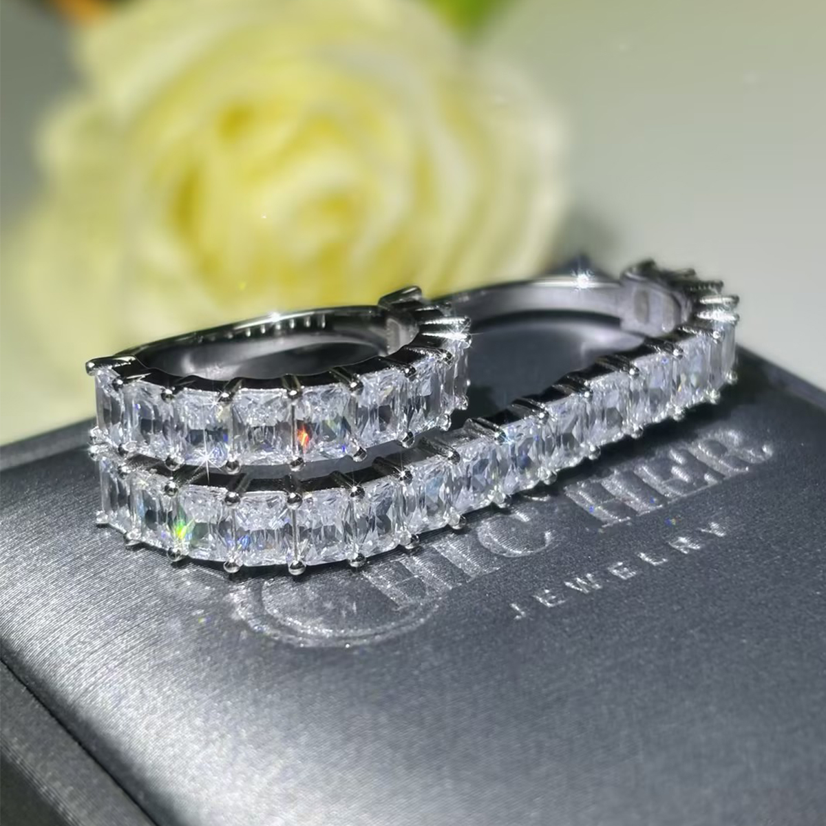 8ctw Emerald Cut White Sapphire Double Wave Stacking Wedding Band