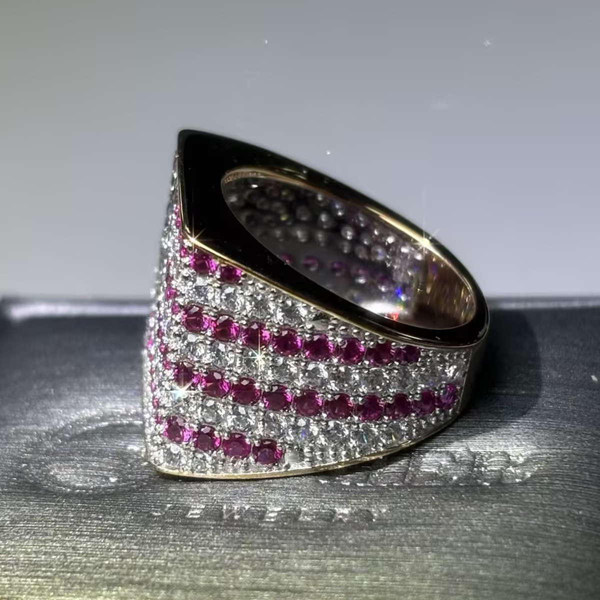 American Flag Motif White Sapphire Statement Band for Men/Women