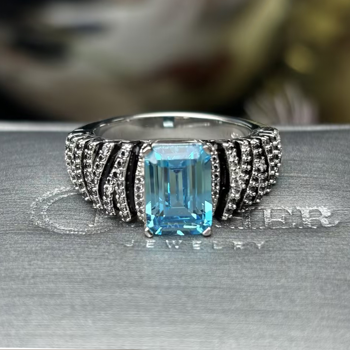 Two-Tone Emerald Cut Aquamarine Engagement Ring