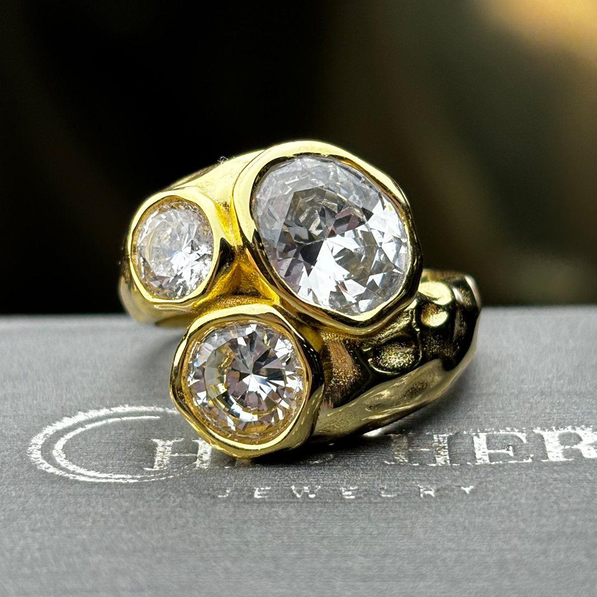 Three-Stone Old Mine Cut White Sapphire Cluster Ring