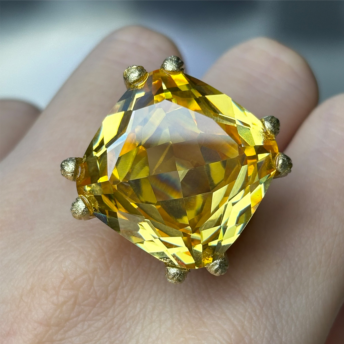 Vintage Antique Gold Large Cushion Cut Citrine Solitaire Ring