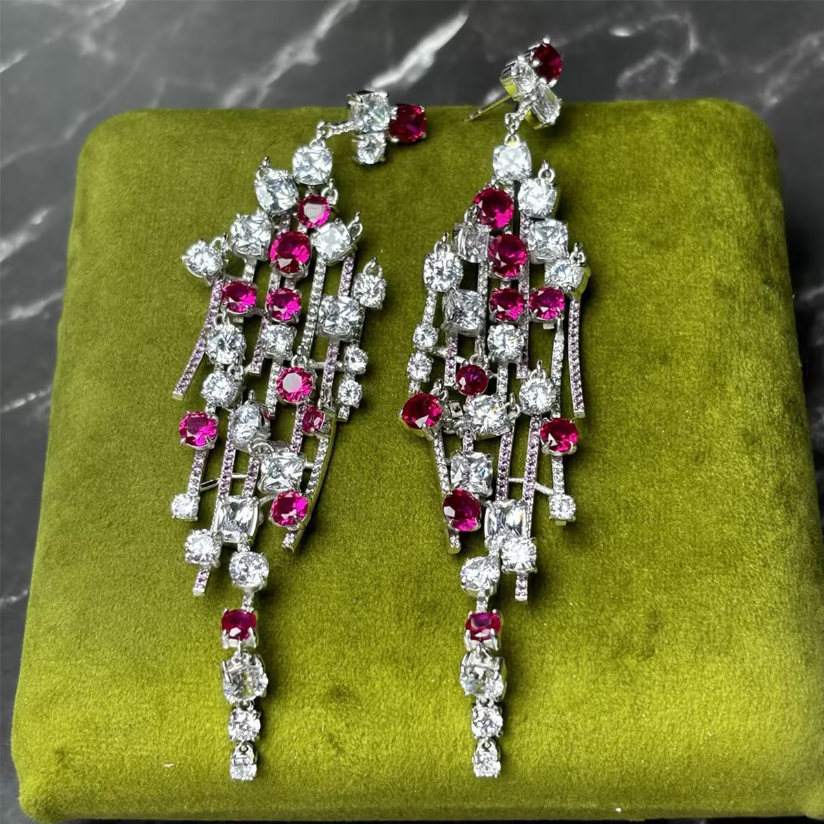 Ruby & White Sapphire Multi-Tier Chandelier Earrings