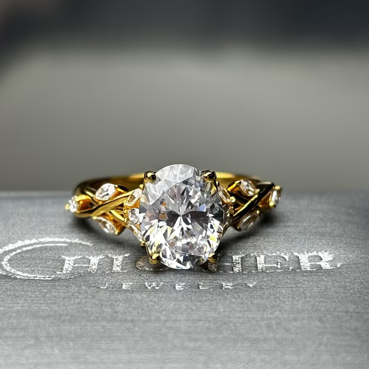 3ct  Flower Desing Oval Cut  White Sapphire Engagement Ring