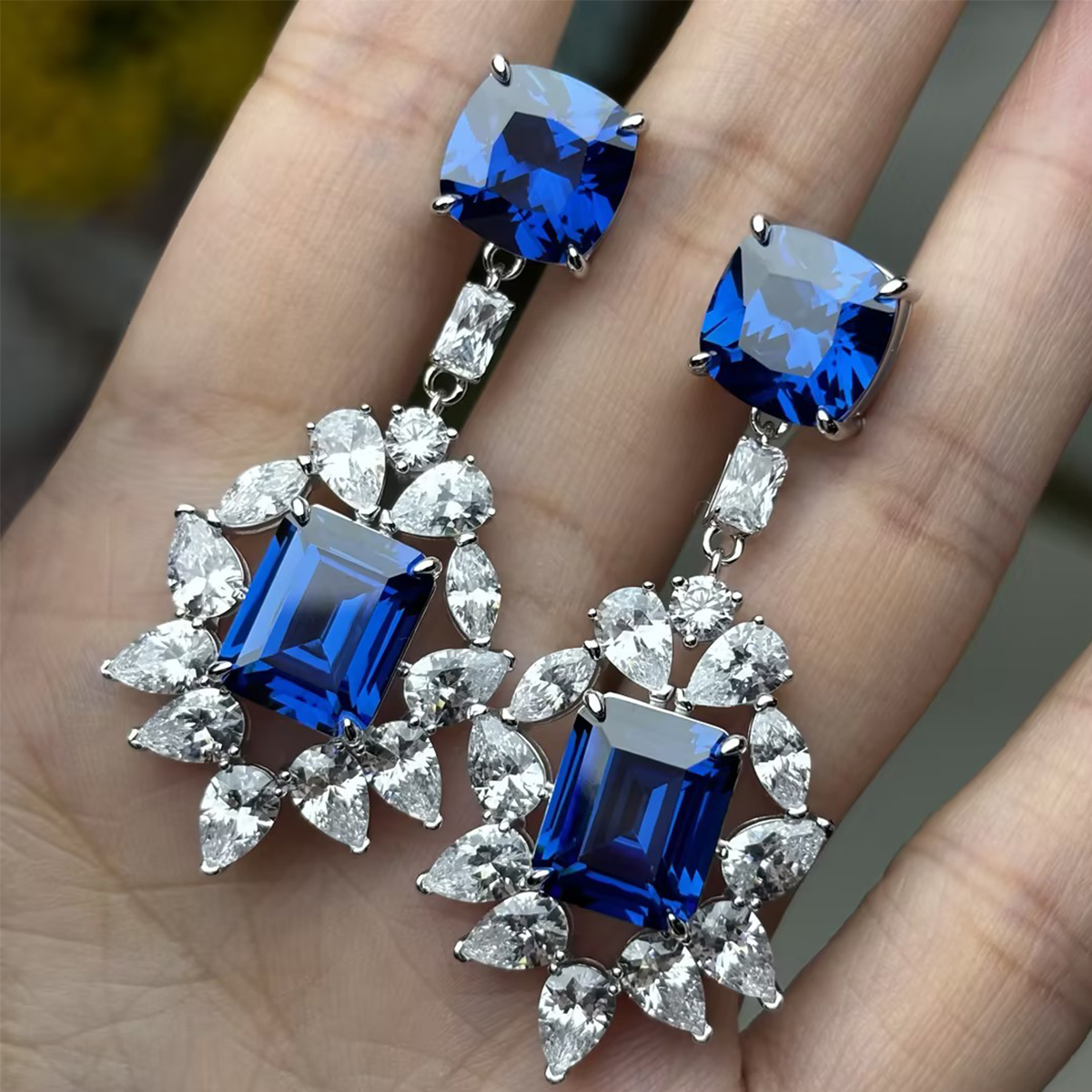 Original Design - Fashion Blue & White Sapphire Dangle Earrings