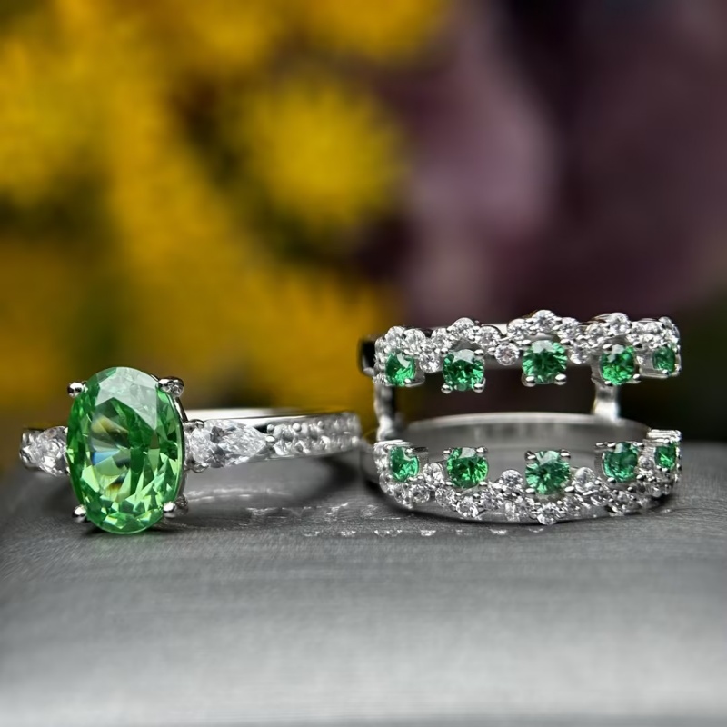 Original Design - 2ct Oval Cut Green Sapphire Wedding Set（2pcs）