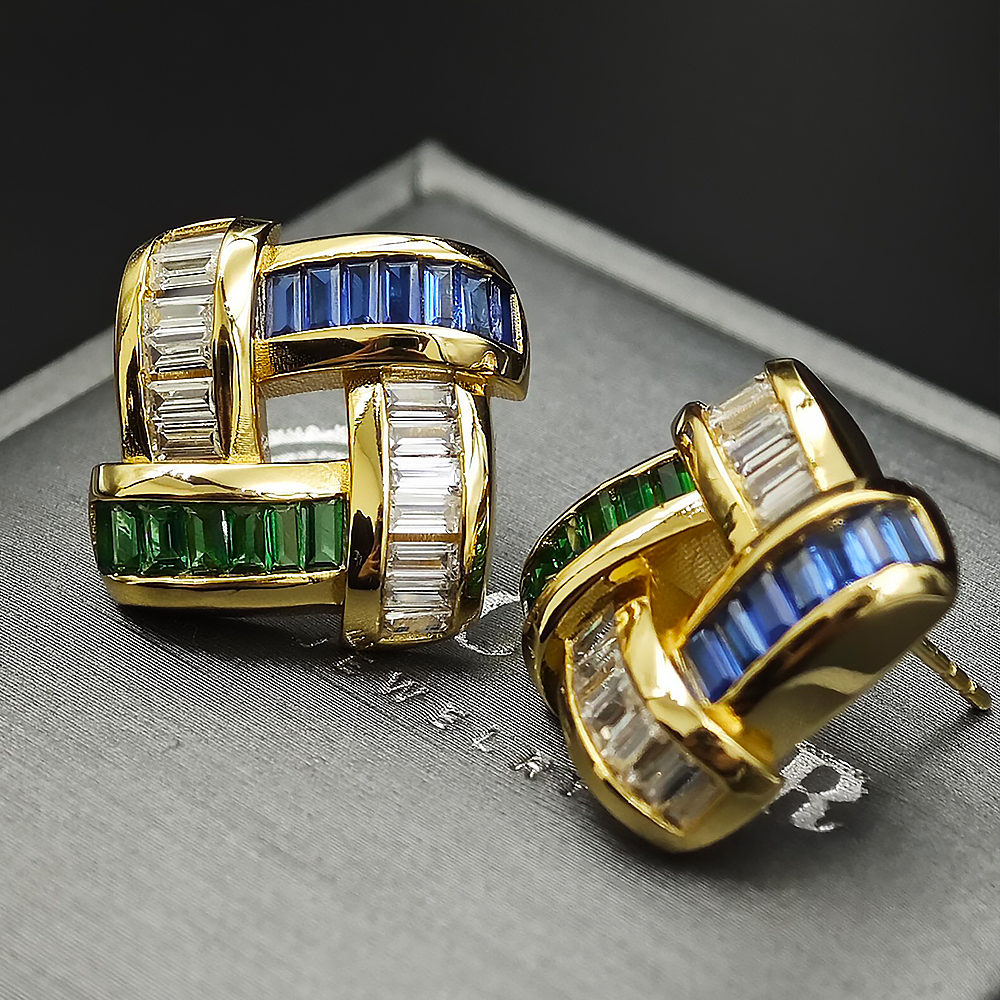 Emerald Cut Three-tone Weave Stud Earrings